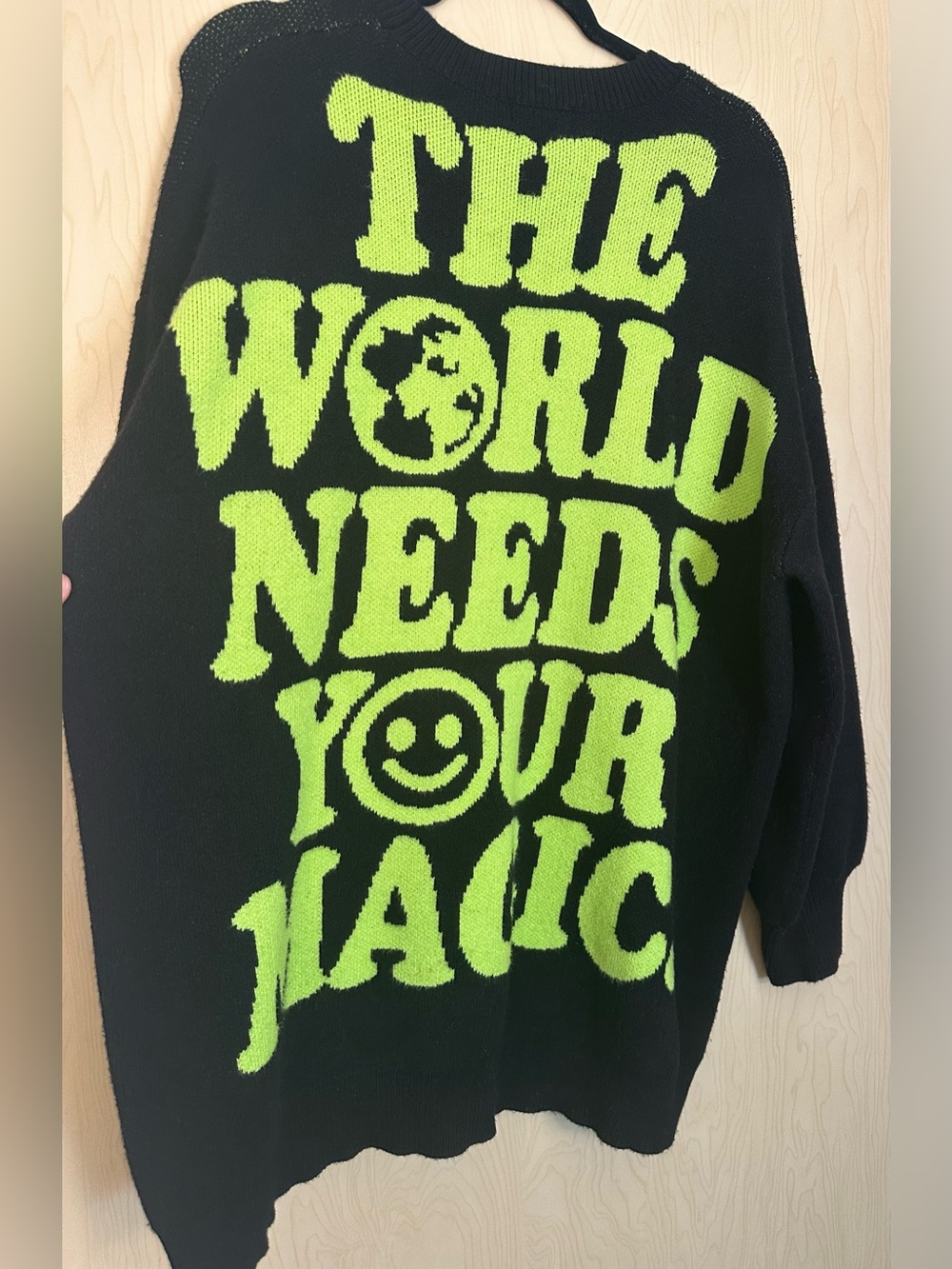 Dressed in LALA Sweater with Neon Green Slogan on Back and Smiley Face Front - Picture 6 of 9
